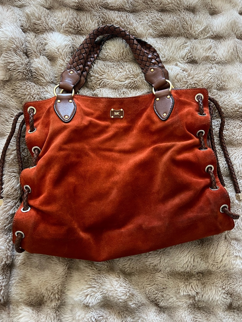 Michael Kors Rust Suede Tote/Hobo with Braided Brown Handles